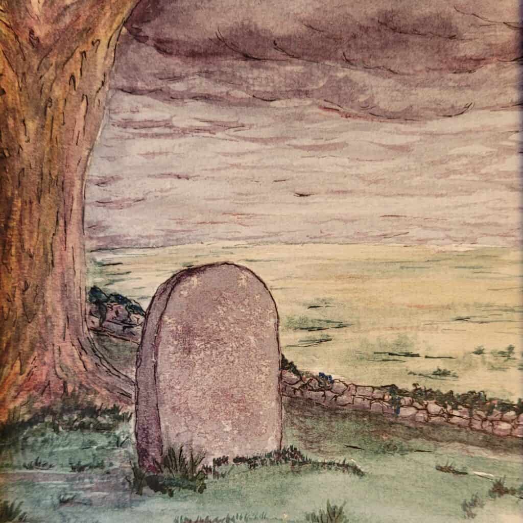 gravestone under tree; painting