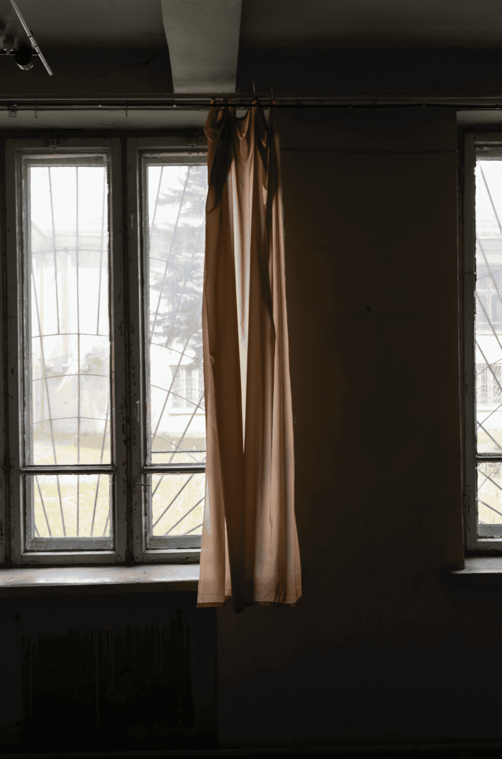 looking out a window with curtain