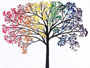 tree silhouette, leaves create rainbow