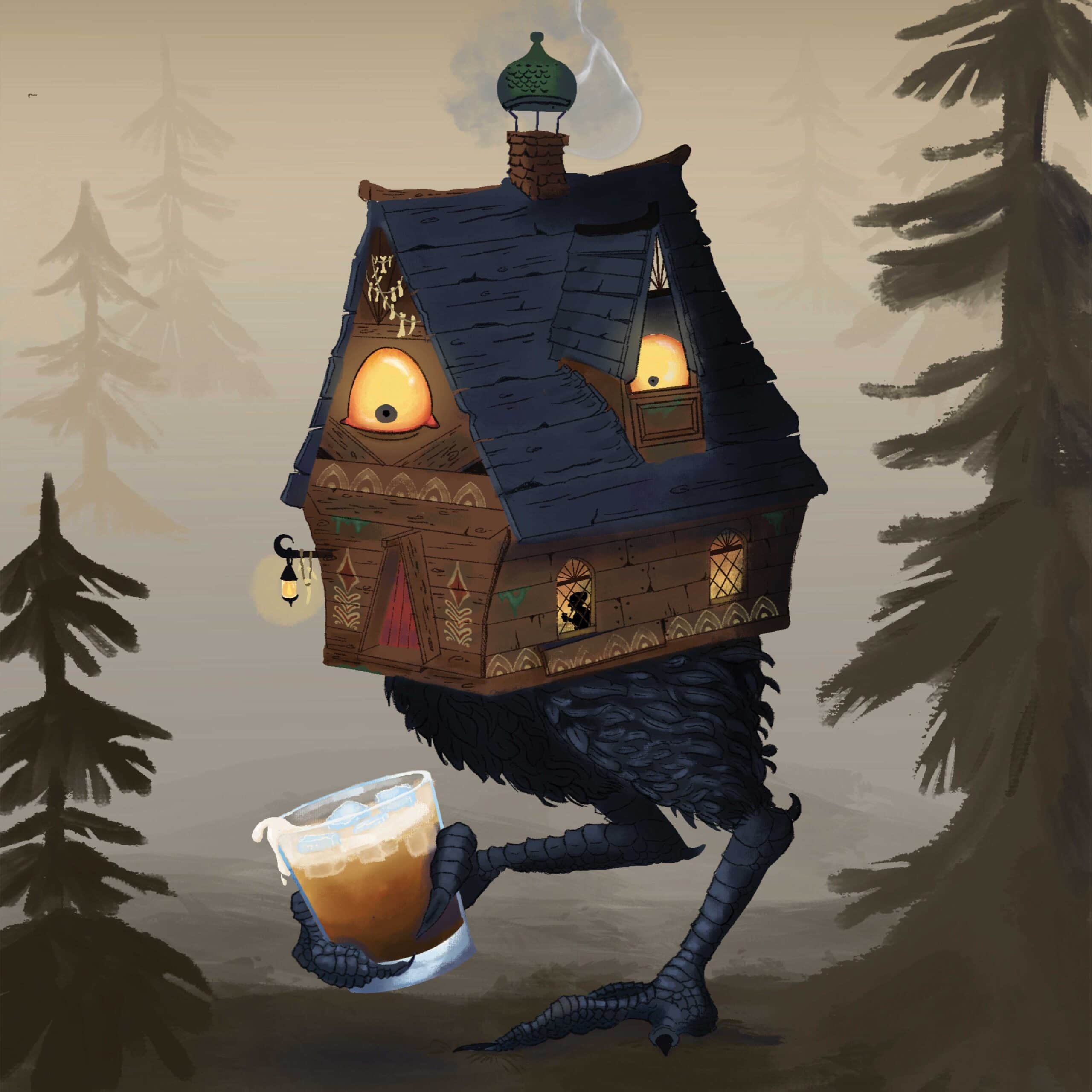 painting of small house with eagle's legs, one holding a highball.
